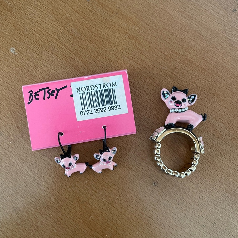Betsey Johnson pig earrings & ring